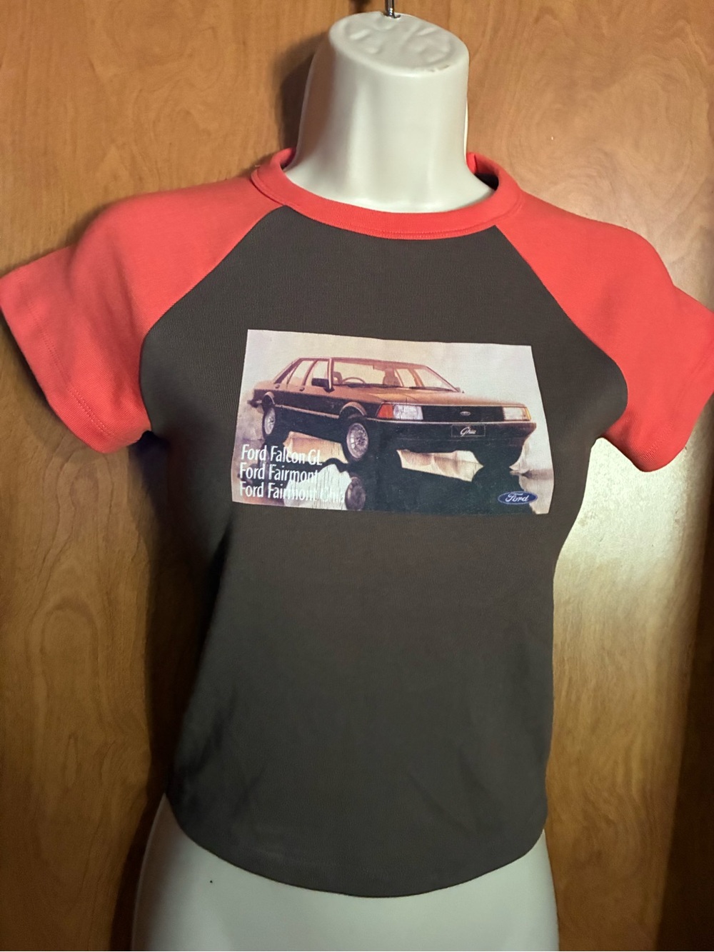 Offical Ford Falcon Brown Tee with Coral Raglan Sleeves